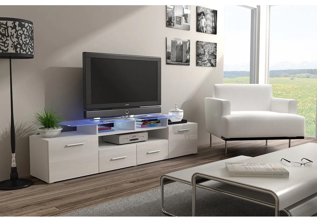 Masă TV + Dulap Blaise (Alb + Alb lucios) (iluminat LED Alb). Promo -16%. 1058808