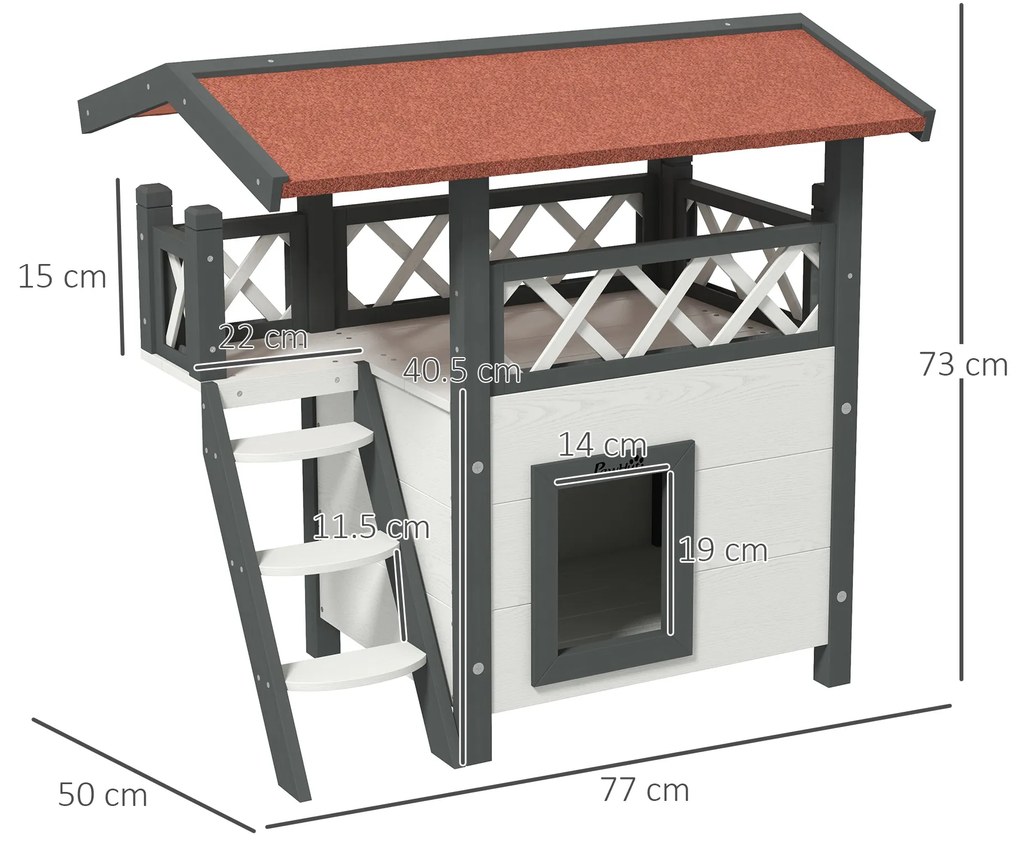 PawHut Căsuță pentru Pisici de Exterior cu Terasa și Scară, Adăpost pentru Pisici și Animale Mici din Lemn, 77x50x73 cm, Alb