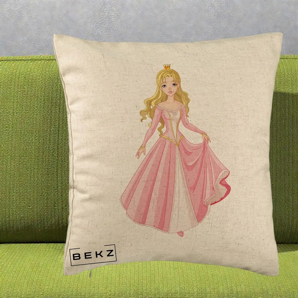 Perna Decorativa Printesa Aurora Rochie Roz, 40x40 cm, Bej, Husa Detasabila, Perna Inclusa, BEKZ®