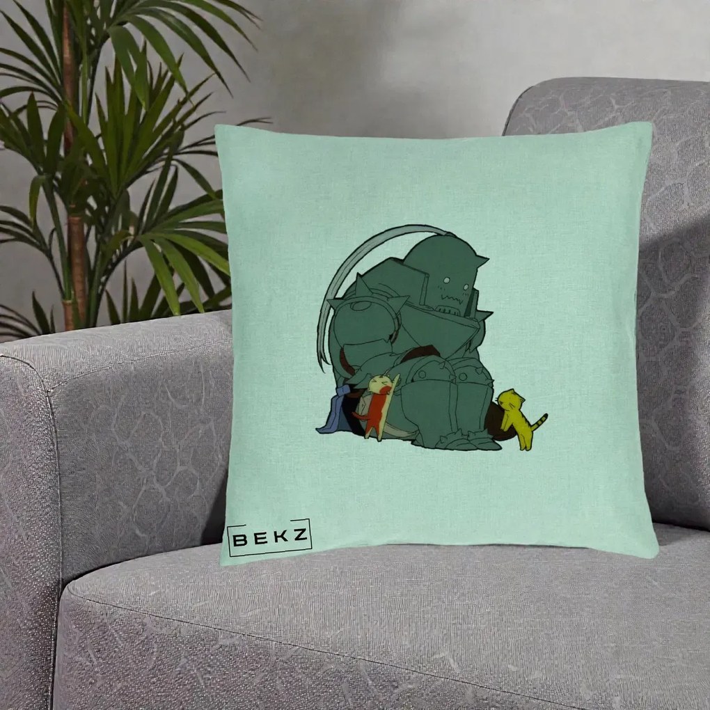 Perna Personalizata Fullmetal Alchemist Alphonse cu Pisici, 40x40 cm, Verde Menta, Husa Detasabila, Perna Inclusa, BEKZ®