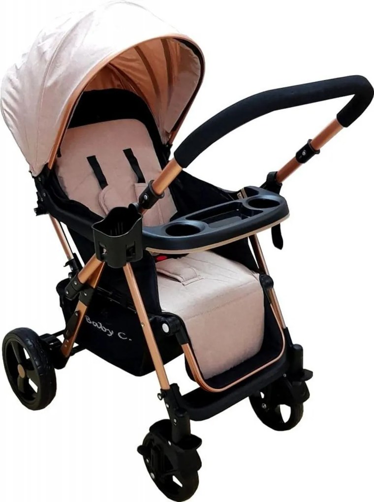 Carucior nou nascuti 2 in 1 BABY CARE™ PRO 511, Cadru aluminiu, Maner reversibil, Spatar reglabil 5 trepte, Amortizoare, Frana picior,Pliabil, Crem