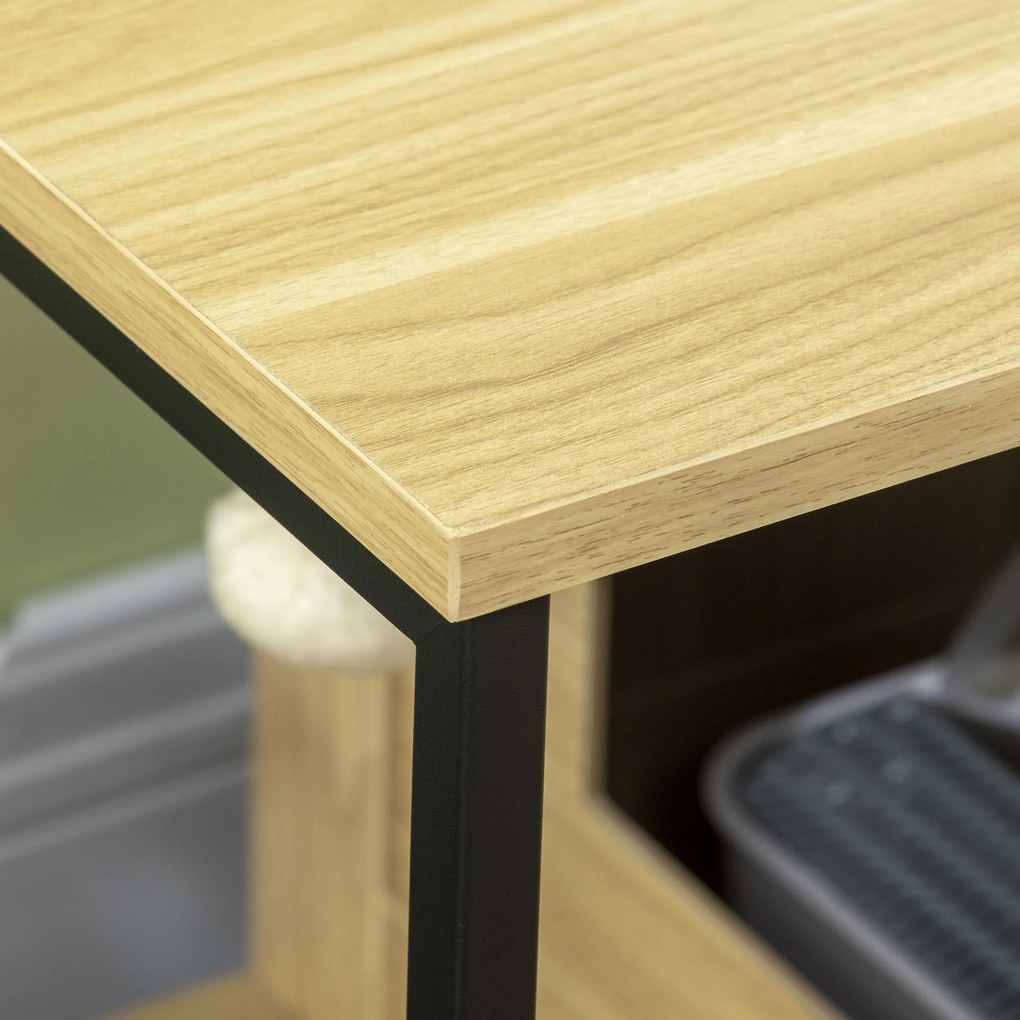 PawHut Casă Toaletă pentru Pisici, cu ușă de intrare laterală și minge suspendată, Oțel Negru și Lemn, 80 x 48 x 55 cm | Aosom Romania