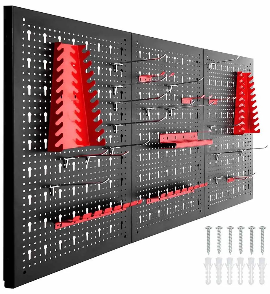 Panou metalic de perete pentru unelte cu carlige si rafturi