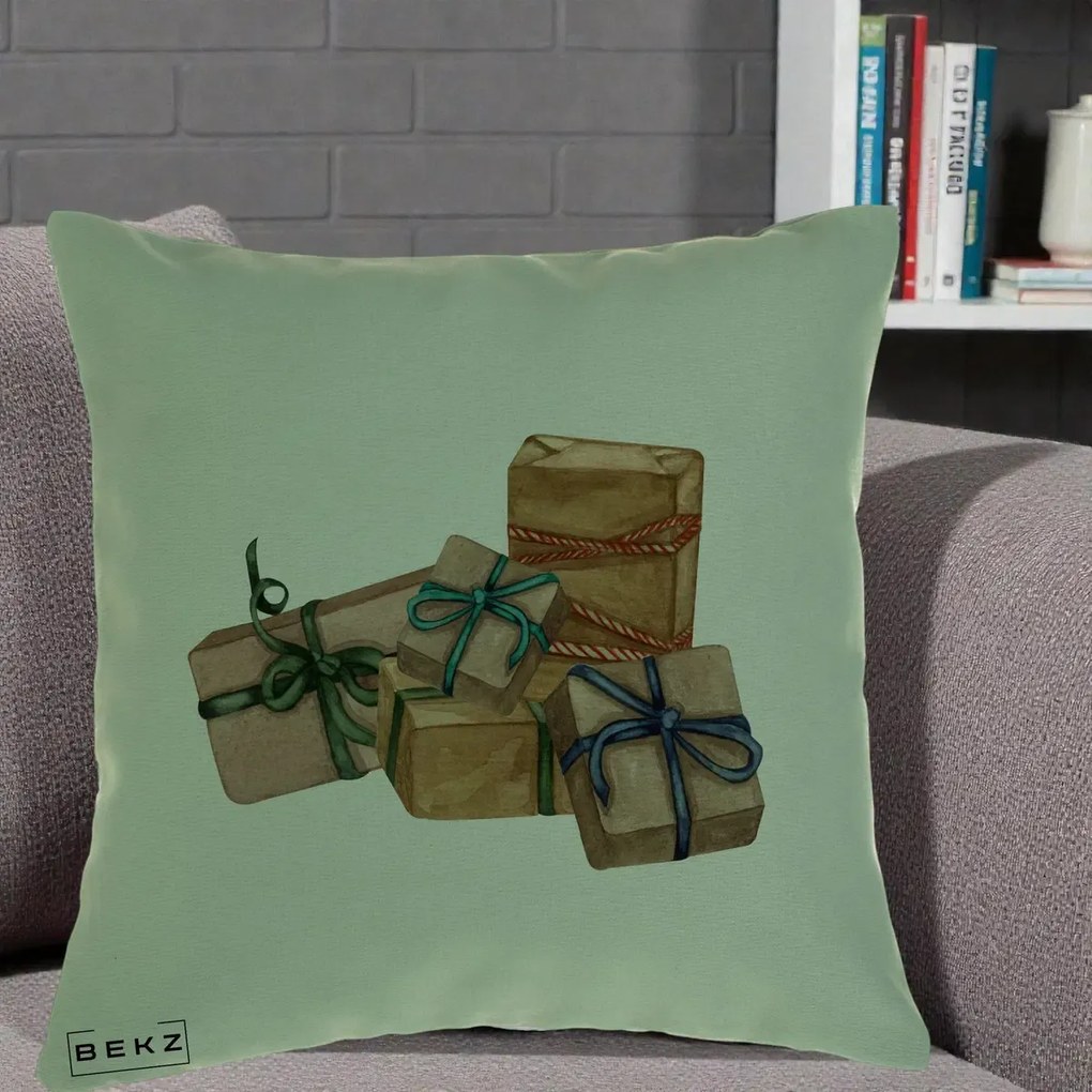 Perna Decorativa Cadouri de Craciun Kraft, 40x40 cm, Verde, Husa Detasabila, Perna Inclusa, BEKZ®
