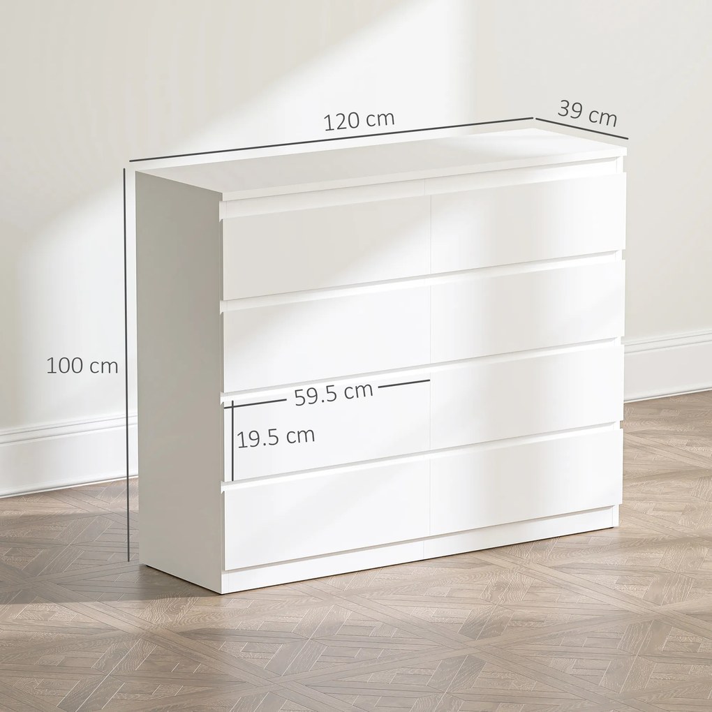HOMCOM Comodă 8 Sertare cu Mânere Canelate 120x39x100 cm Alb | Aosom Romania