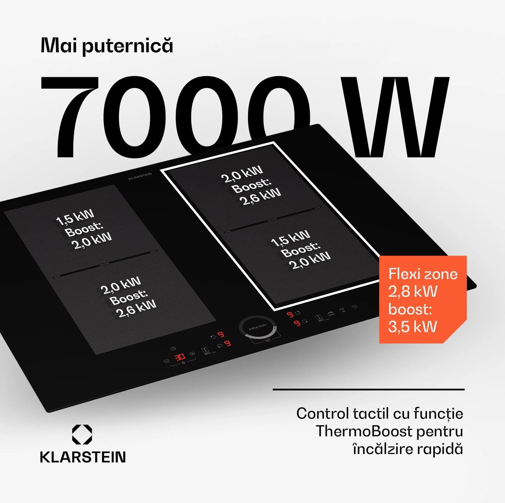 Klarstein Delicatessa 70 Flex, plită cu inducție încorporabilă, 4 zone, 7000 W, sticlă ceramică.