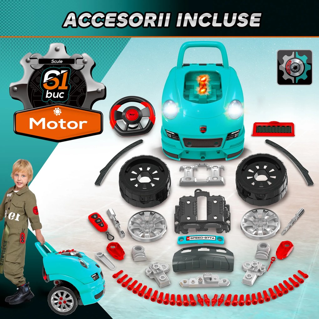 HOMCOM Atelier Reparații Jucărie, Camion cu Motor și 61 Accesorii pentru Copii, cu Roți și Mâner, 40x39x47 cm, Albastru | Aosom Romania