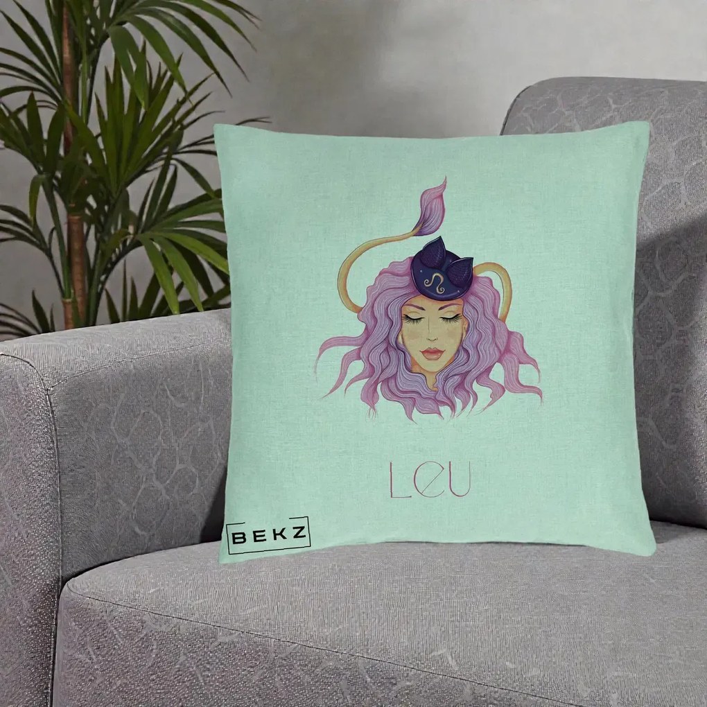 Perna Personalizata Zodie Leu, 40x40 cm, Verde Menta, Husa Detasabila, Perna Inclusa, BEKZ®