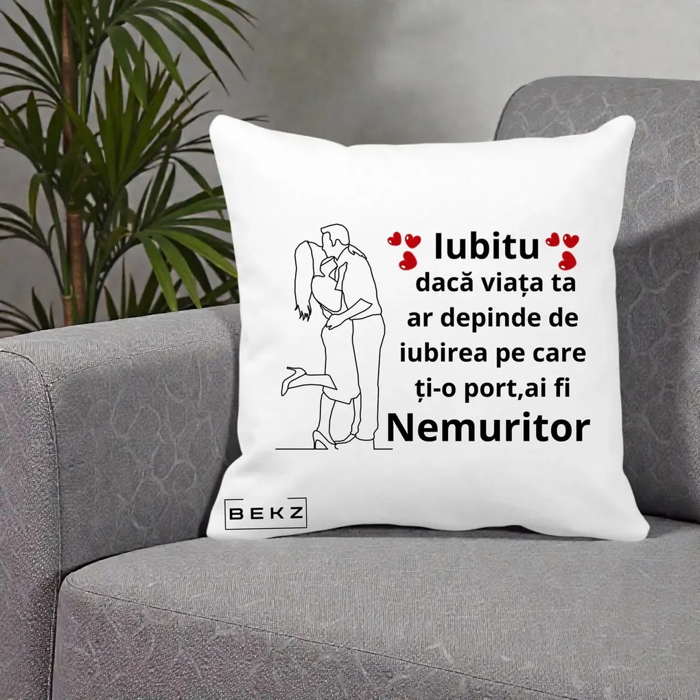Cadou pentru Iubit - Perna Personalizata Iubitu Nemuritor cu Cuplu Line-Art si Inimi Rosii, 40x40 cm, Alba Mata, Husa Detasabila, Perna Inclusa, BEKZ®