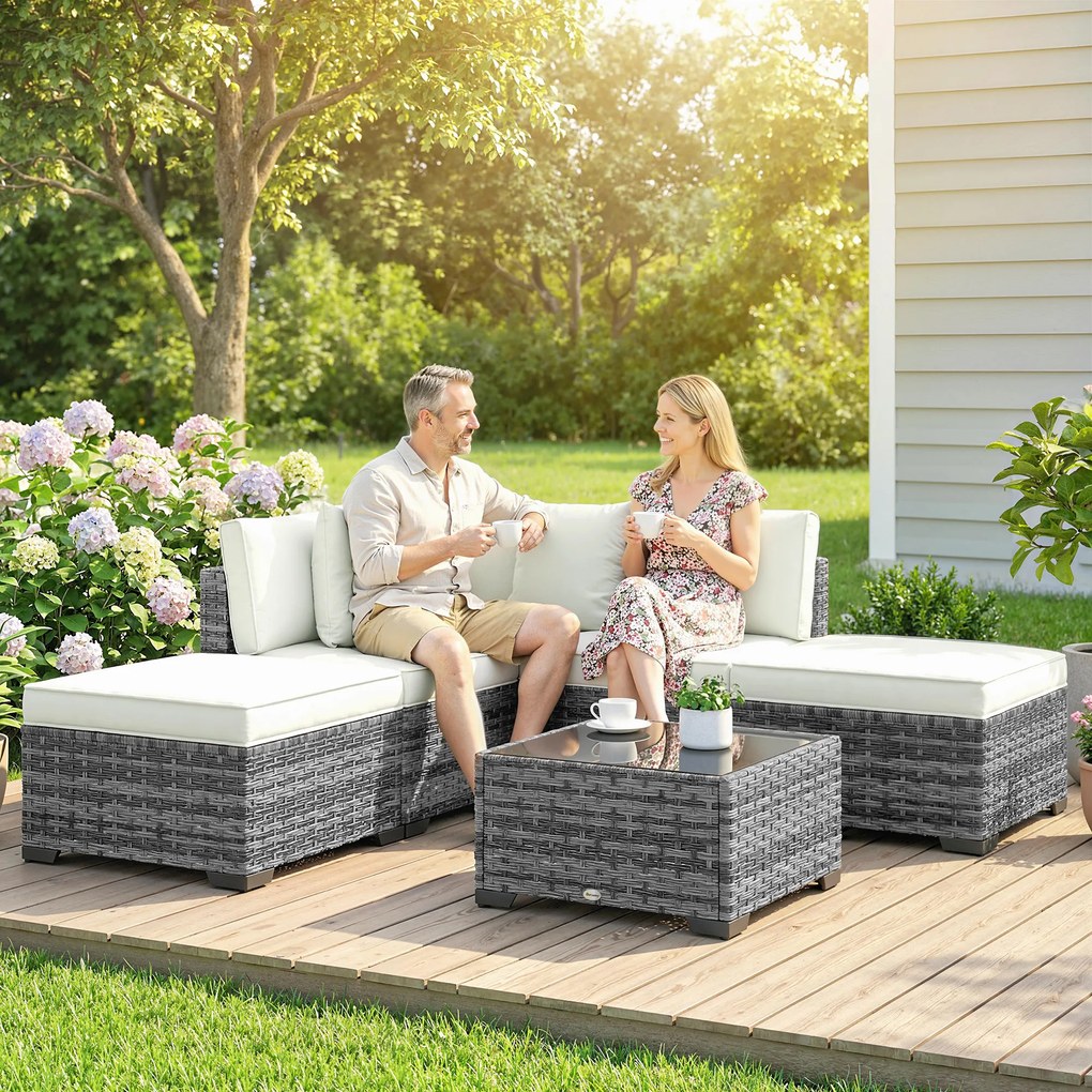 Outsunny Set Mobilier de Grădină din Ratan, 6 Piese, Fotoliu Colțar, Canapele fără Brațe, Suporturi pentru Picioare și Măsuță, Gri Amestecat | Aosom Romania