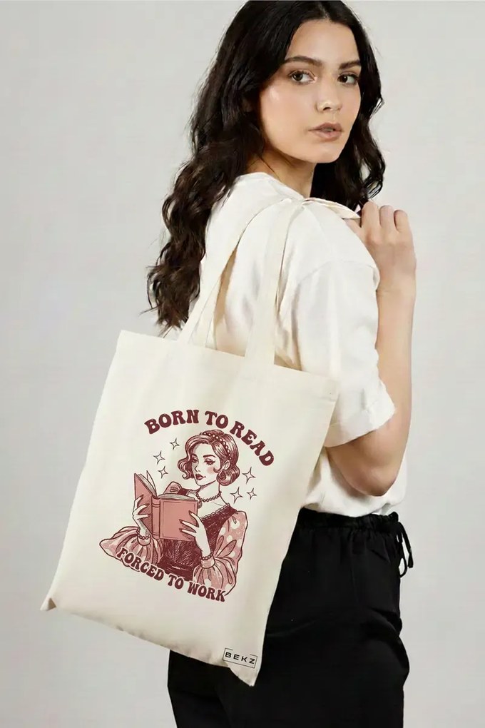 Sacosa de Panza pentru Cumparaturi, Geanta Tote, model Born to read, Forced to work, 38x34.5 cm, Alba, BEKZ®