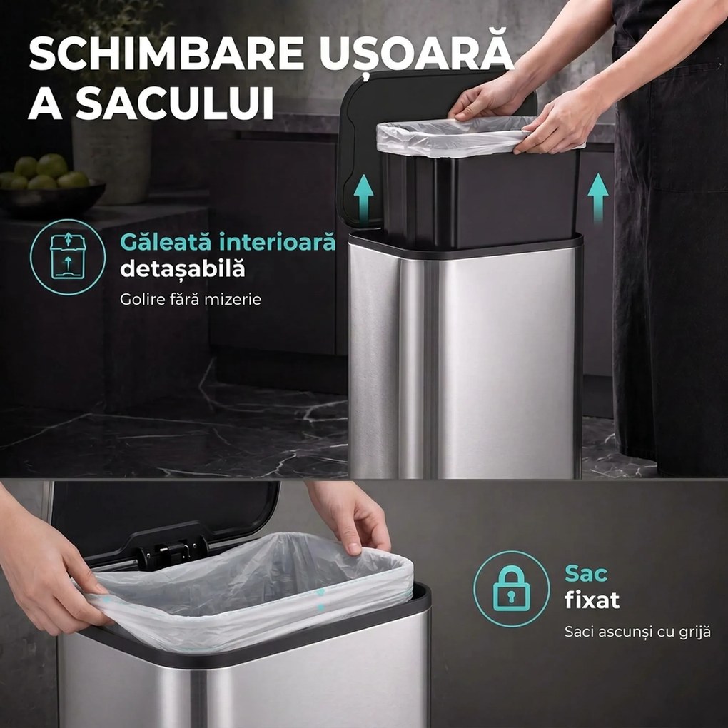 HOMCOM Pubelă de bucătărie dreptunghiulară 30L din oțel inoxidabil, cu închidere silențioasă și găleată detașabilă, argintie | Aosom Romania