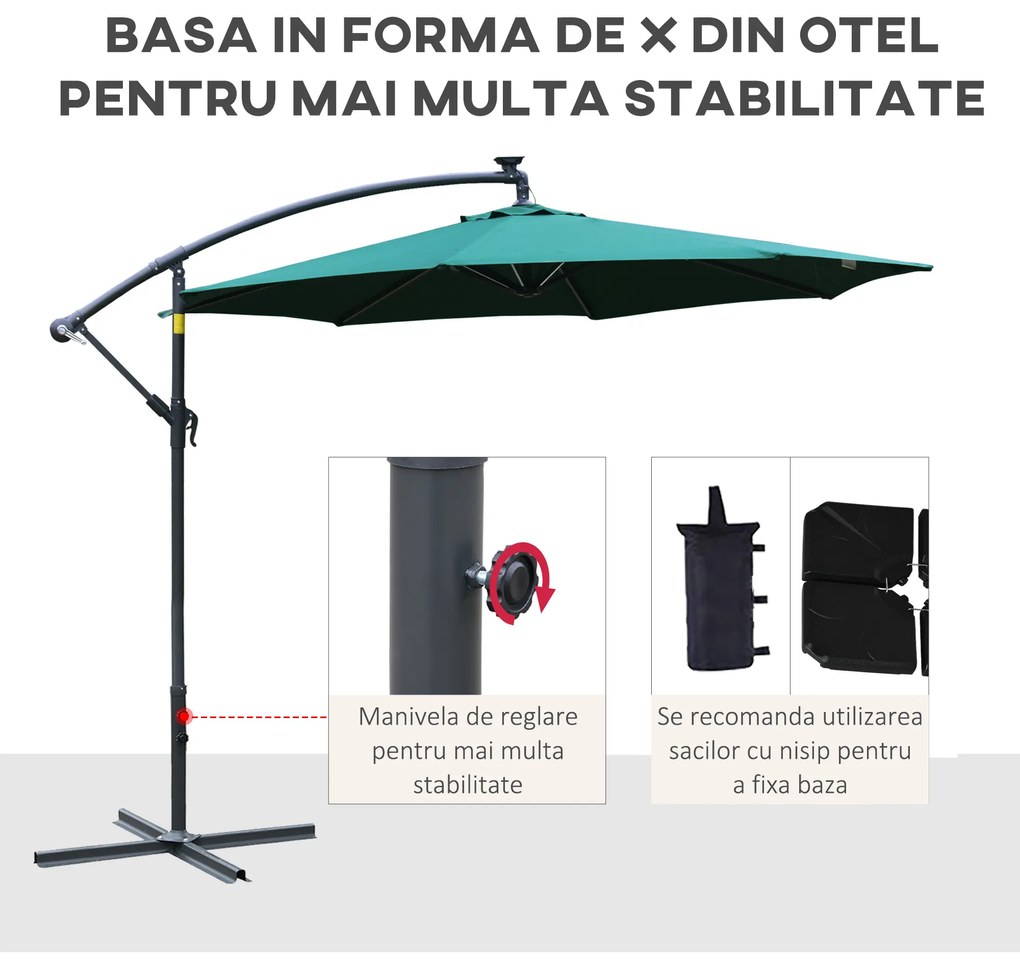 Umbrela pentru gradina Outsunny, brat cu manivela, 8 benzi LED, energie solara Φ295x245cm, Verde | Aosom Romania