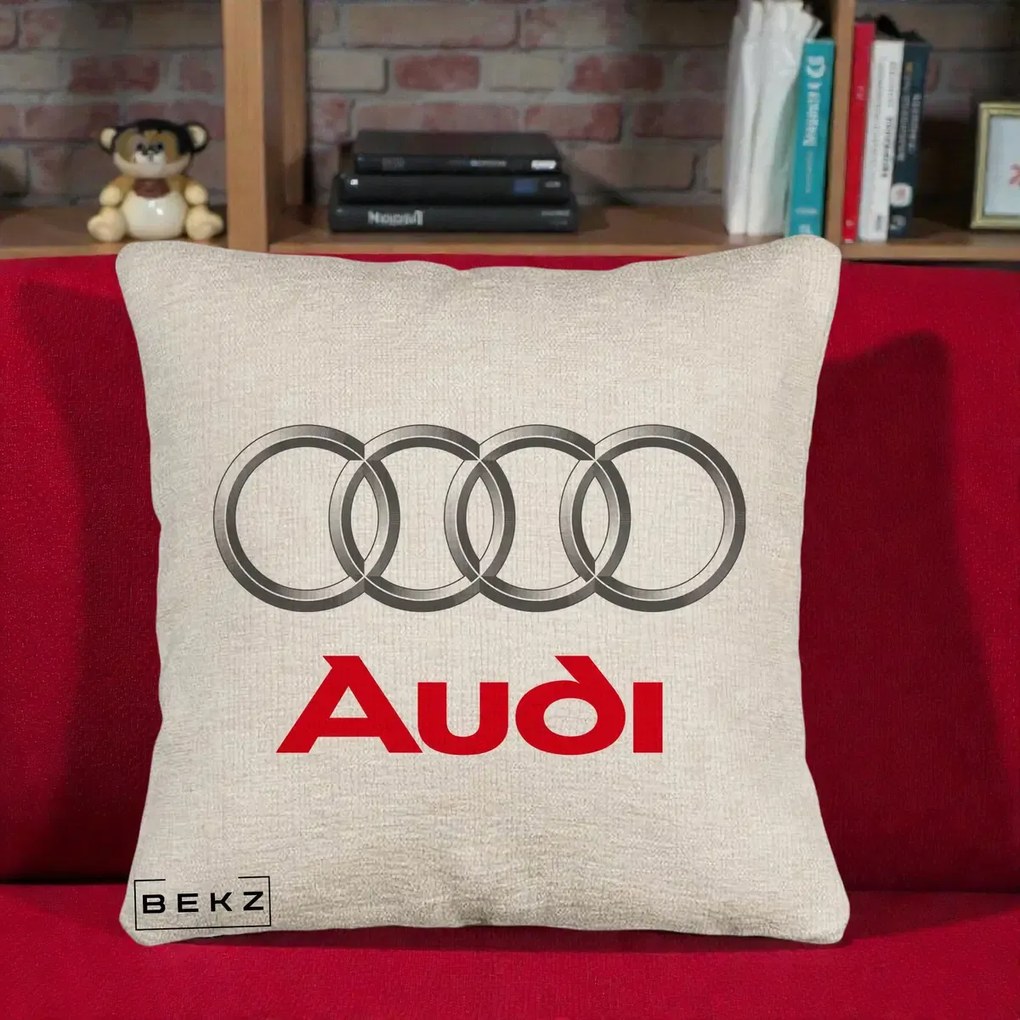 Perna Personalizata cu emblema Audi, 40x40 cm, Bej Canapea, Husa Detasabila, Perna Inclusa, BEKZ®
