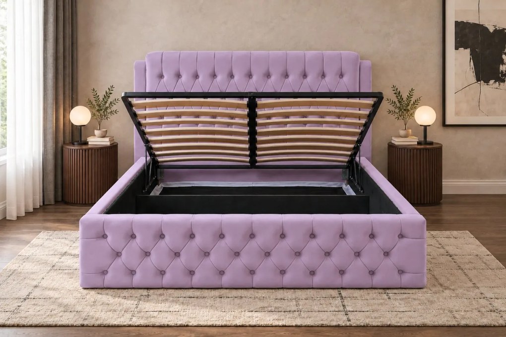 Pat tapițat din catifea Aveline 180×200 cm, lila, cu ladă de depozitare