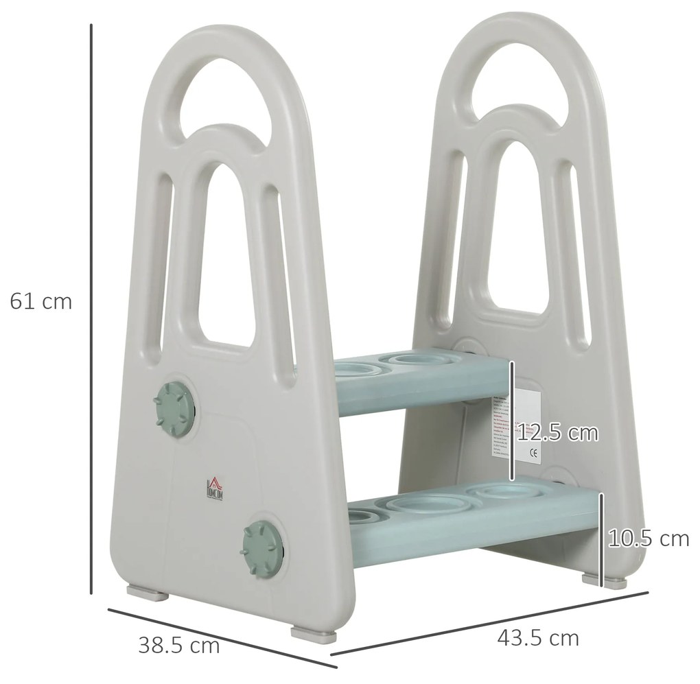 HOMCOM Scăunel cu 2 Trepte, Scară pentru Toaletă, Baie și Bucătărie pentru Copii de 2-5 Ani, 43,5x38,5x61 cm, Gri | Aosom Romania