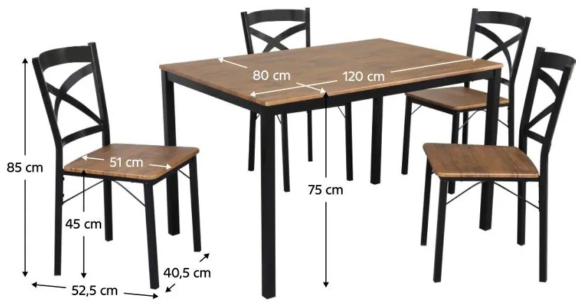 Set mobilier sufragerie Hungria (stejar închis + negru) (pentru 4 persoane). 1116359