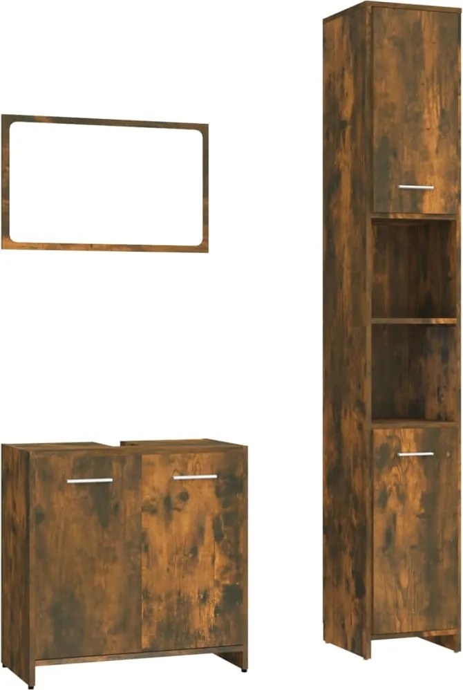 vidaXL Set mobilier de baie, 3 piese, stejar fumuriu, lemn prelucrat