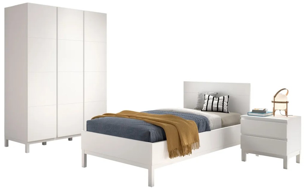 Set Mobilier Cameră Copii EVA: Pat 90x200 cm, Noptieră și Dulap 3 Uși, Alb – Vipack