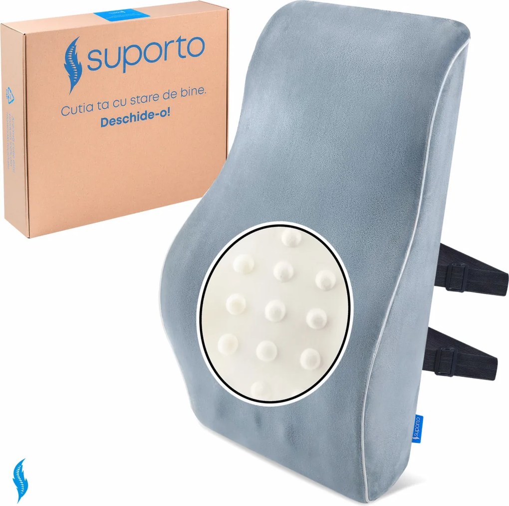 Perna Lombara Advanced pentru scaun de birou sau autovehicule mari, Suport lombar ortopedic pentru postura si dureri de spate, Suporto, Gri