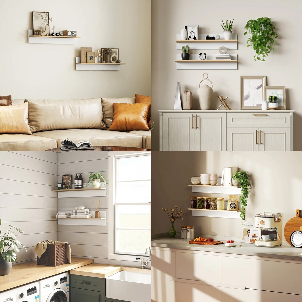 HOMCOM Set 2 Rafturi de Perete pentru Casă și Birou, Rafturi din Lemn pentru Bucătărie și Living, 80x16.5x20 cm, Alb și Lemn Natural | Aosom Romania