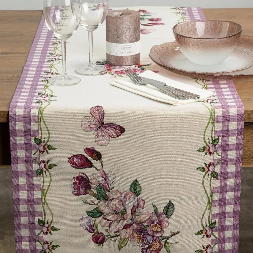 Traversa pentru masa cu model țesut - flori și fluturi Lățime: 45 cm | Lungime: 140 cm