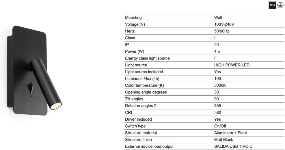 Aplica cu reader LED directionabil stil minimalist SUAU USB C negru