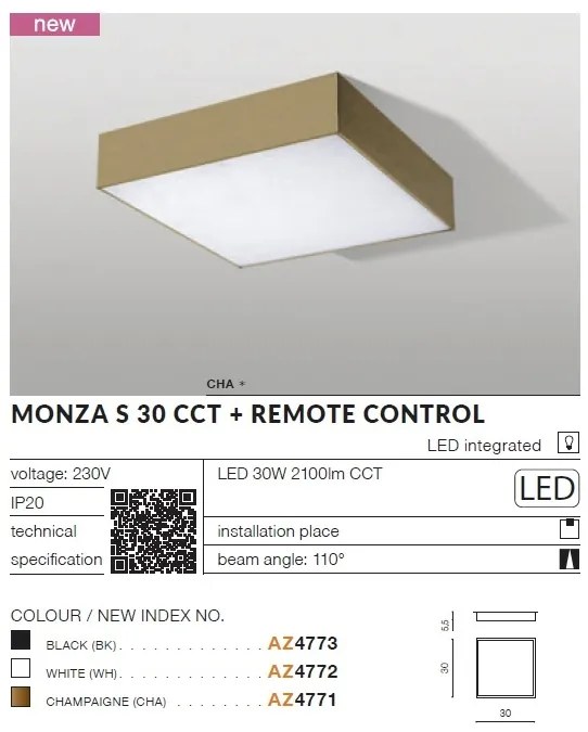 Plafoniera LED cu telecomanda design slim MONZA S 30 CCT neagra