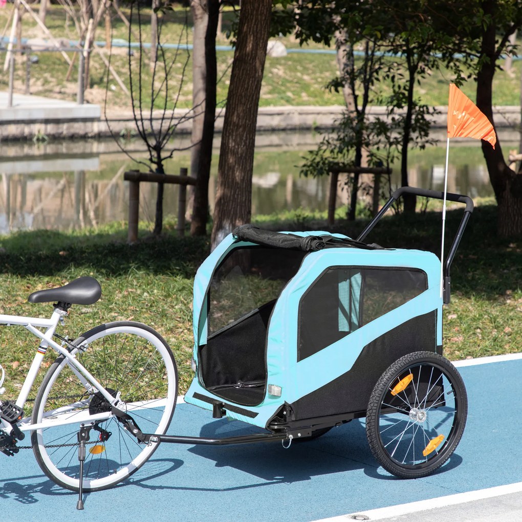 PawHut Remorcă Bicicletă pentru Câini cu Două Intrări Buzunare Cadru Oțel Țesătură 170x77x90cm Albastru | Aosom Romania