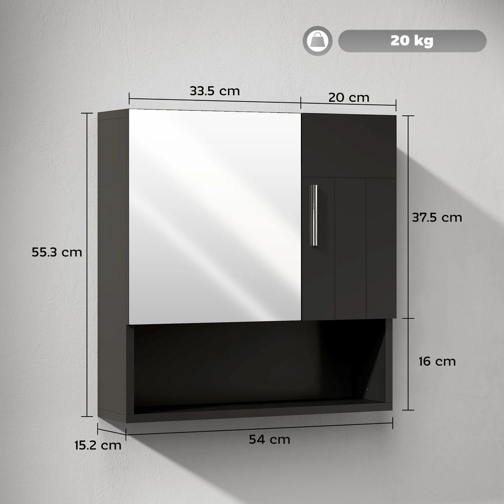 kleankin Dulap cu Oglindă pentru Baie 2 Uși și Raft Deschis 54x15.2x55.3 cm Negru | Aosom Romania