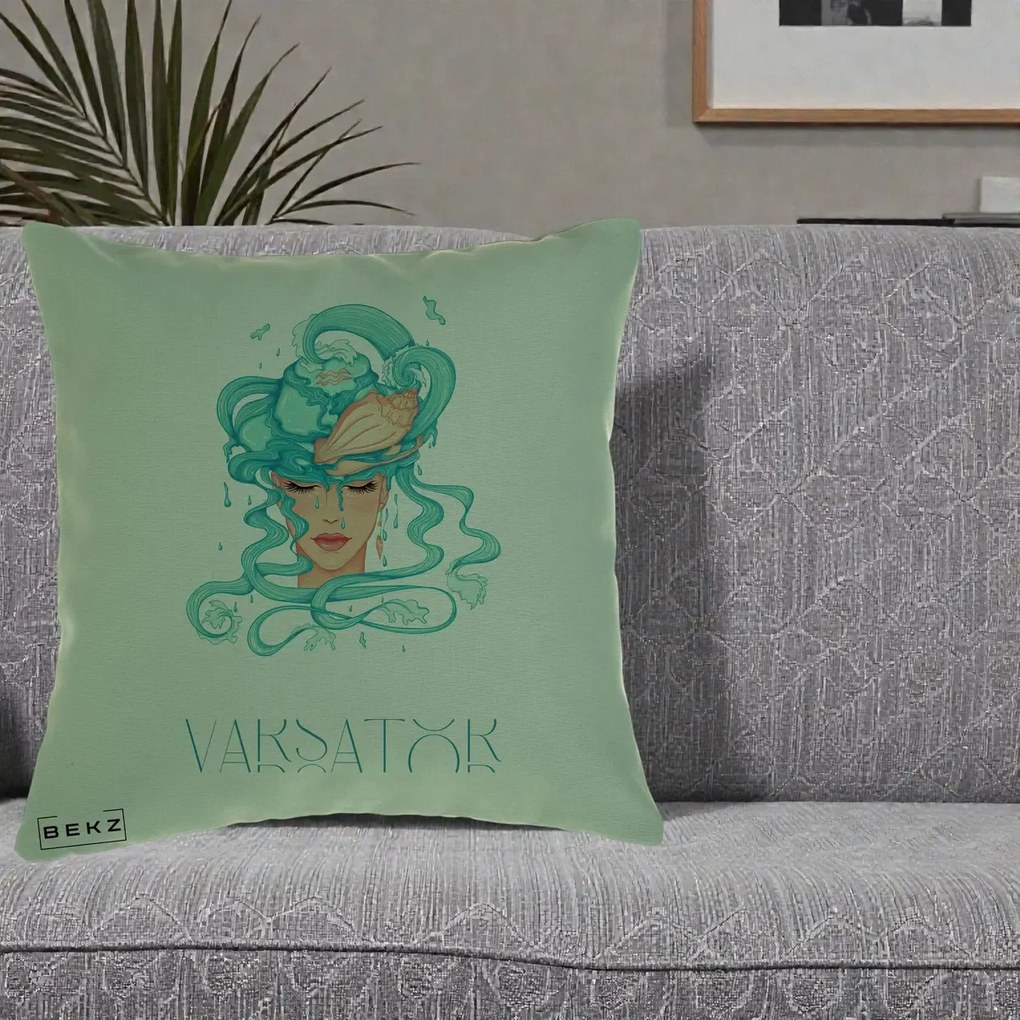 Perna Personalizata Zodiac Varsator Cowgirl, 40x40 cm, Verde, Husa Detasabila, Perna Inclusa, BEKZ®