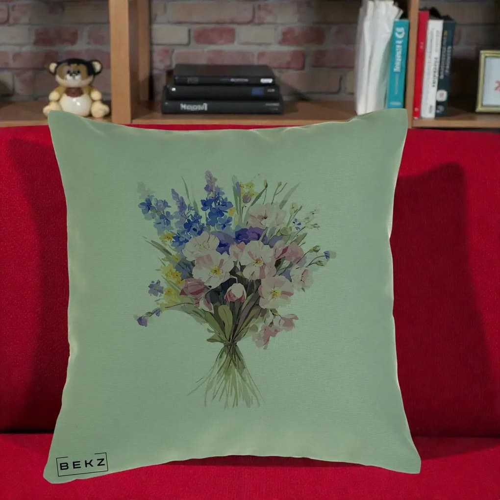 Perna Decorativa Buchet Floral Acuarela Primavara, 40x40 cm, Verde, Husa Detasabila, Perna Inclusa, BEKZ®