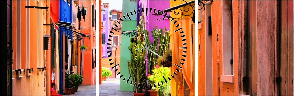 Tablou cu străduță colorata italiană (cu ceas) (90x30 cm)