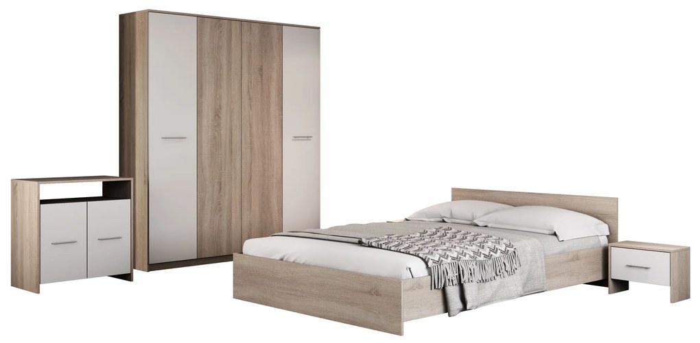 Dormitor Luiza 4U5P, culoare sonoma / alb, cu pat standard 160 x 200 cm, dulap cu 4 usi, comoda si 2 noptiere