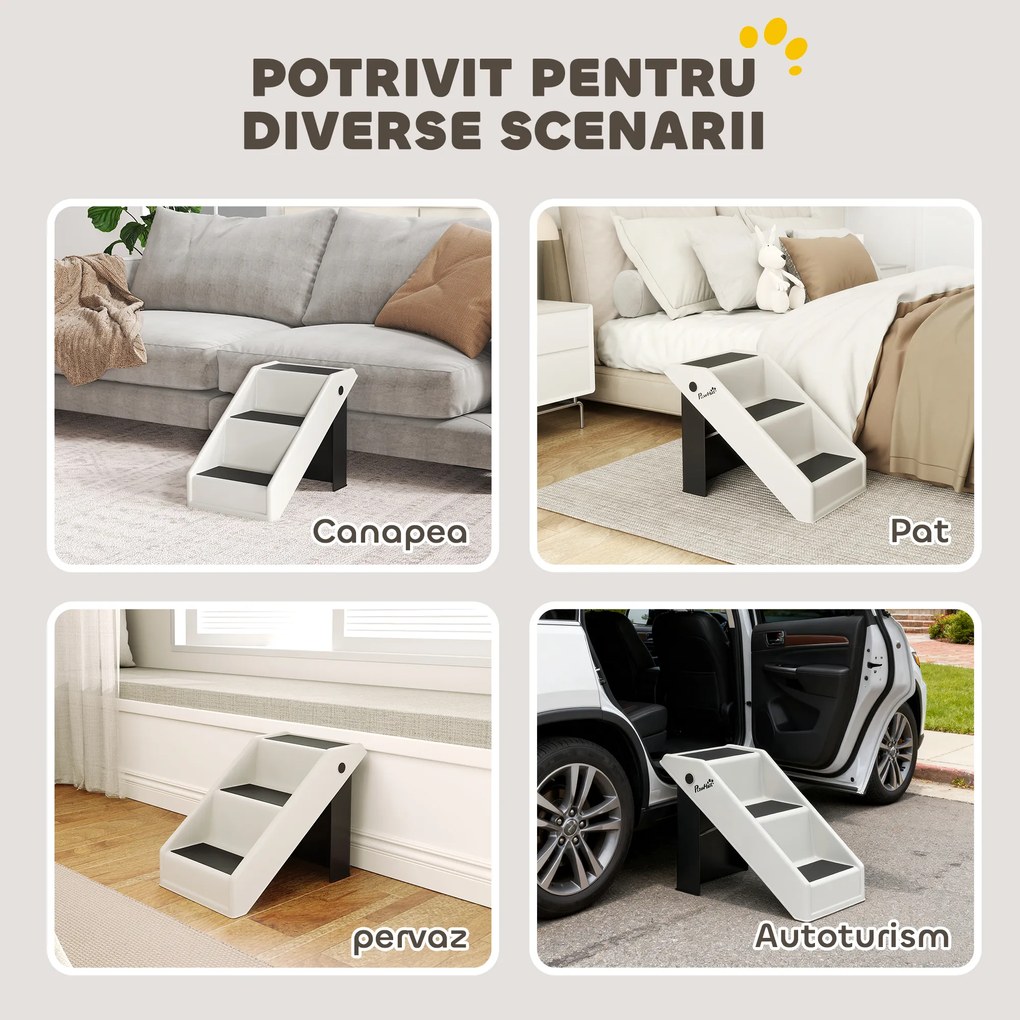 PawHut Scară pentru Câini și Pisici cu 3 Trepte Antiderapante, Design Pliabil cu Capacitate de 10 kg, Crem | Aosom Romania