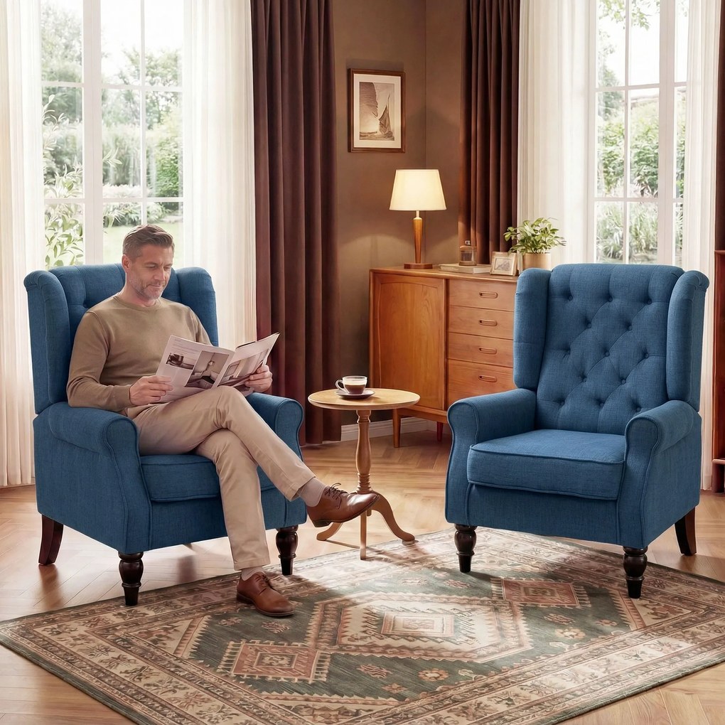 HOMCOM Scaun Decorativ Capitonat cu Spatar Inalt, Cotiere Rotunjite Captusite și Sezut cu Captuseala Groasa, Albastru | Aosom Romania