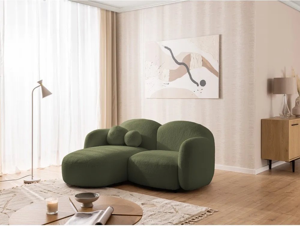 Colțar verde cu tapițerie din țesătură bouclé (cu colț pe partea stângă/cu șezlong) Orbit – Ropez