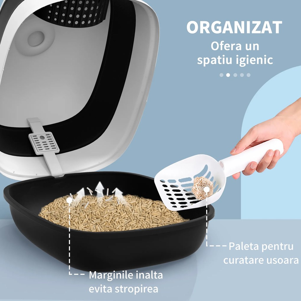 PawHut Litieră pentru Pisici cu Capac, Lopățică și Deodorant Inclus, 52x41x38 cm, Negru | Aosom Romania