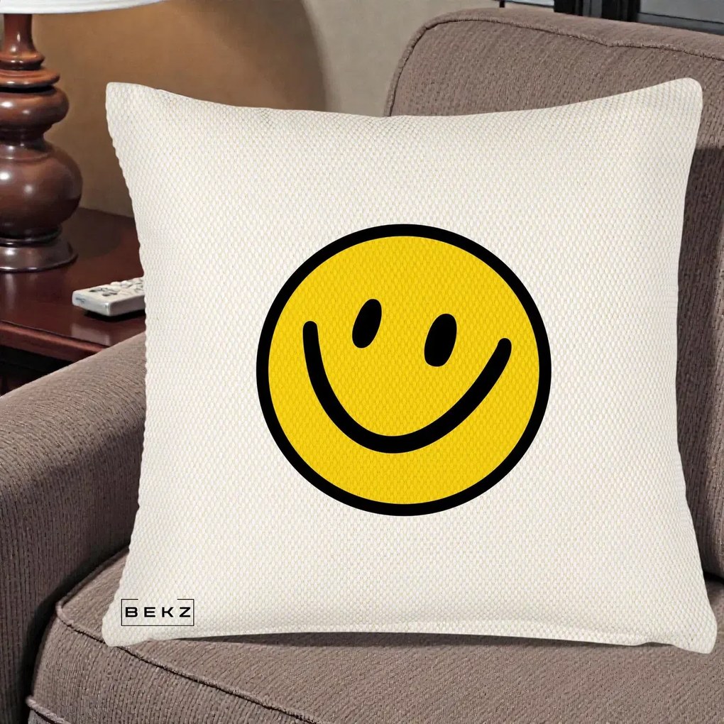 Perna Decorativa Smiley Face Galben Clasic, 40x40 cm, Crem Reliefat, Husa Detasabila, Perna Inclusa, BEKZ®