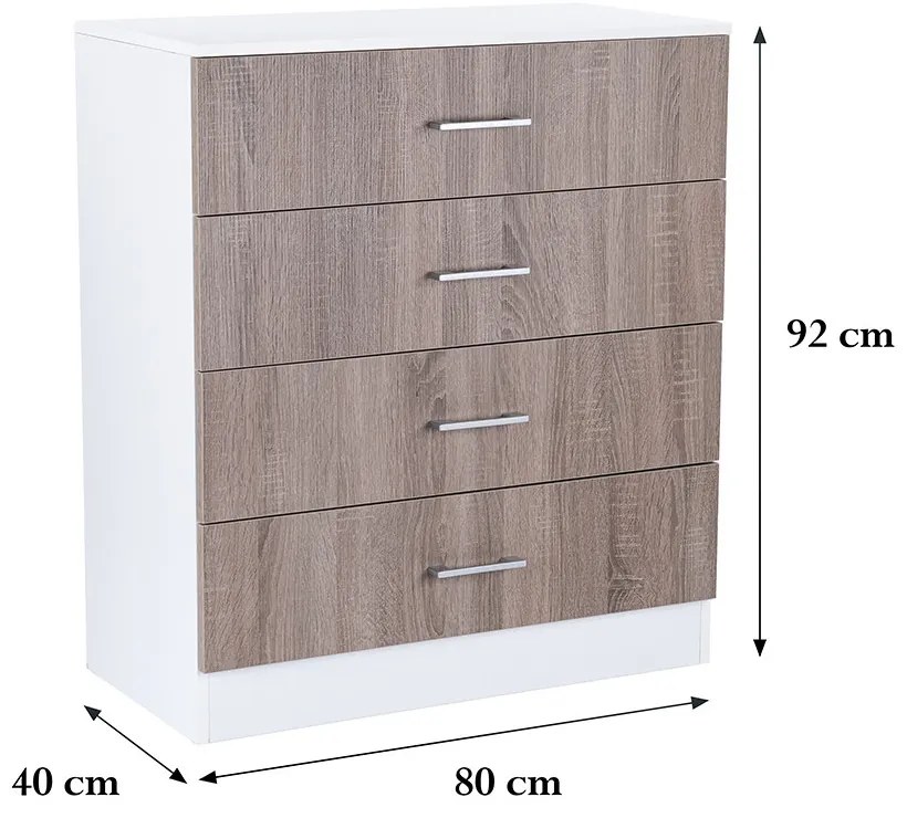 Comodă Miami cu 4 sertare 80x92 cm stejar York-alb