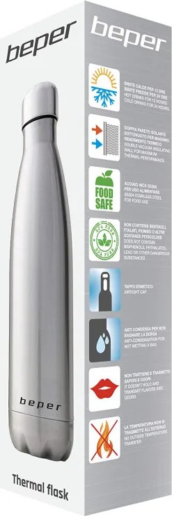 Resigilat: Termos Beper BI.505, 500 ml, Pereti dubli, Fara BPA, Otel inoxidabil, Inox