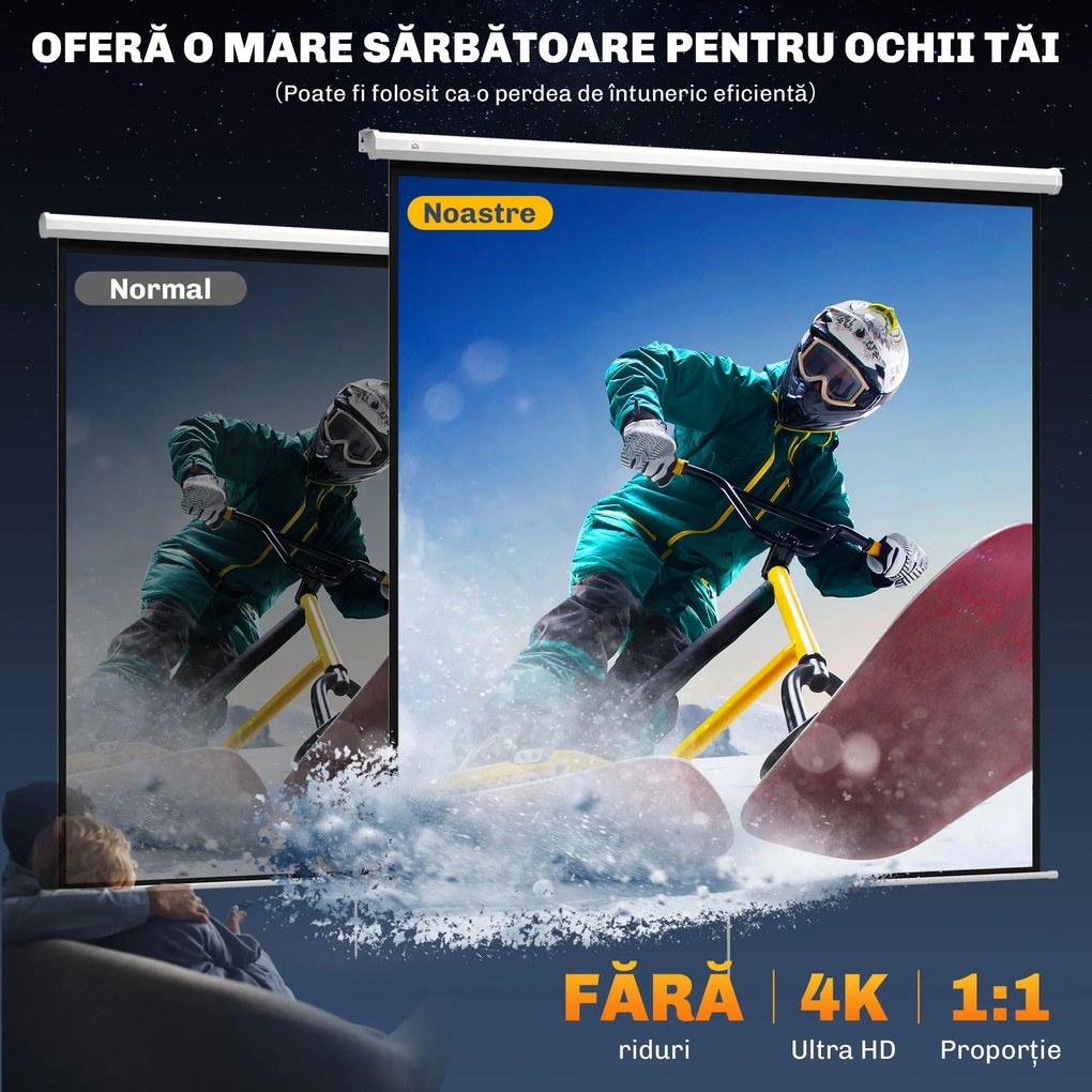 HOMCOM Ecran de Proiecție 120 Inch Format 1:1, Ecran Rulabil cu Unghi de 160° și Montare pe Tavan sau Perete, 223x8x223 cm, Alb | Aosom Romania