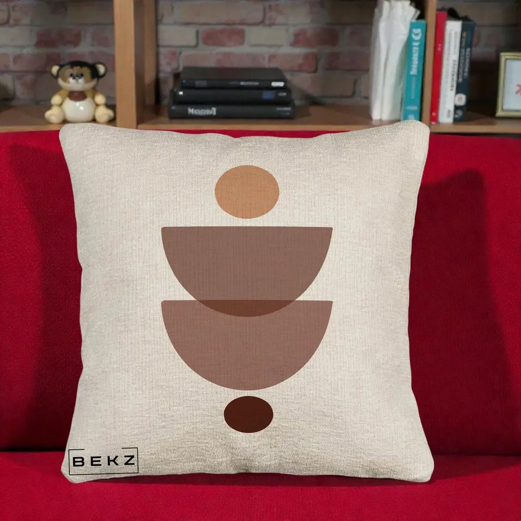 Perna Decorativa Geometric Boho Semicercuri Brun, 40x40 cm, Bej Canapea, Husa Detasabila, Perna Inclusa, BEKZ®