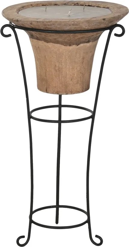 Lumânare decorativă din lemn masiv cu suport din fier forjat negru, 3 fitile, 45×45×95 cm, pentru terasă și exterior, „Torchère"