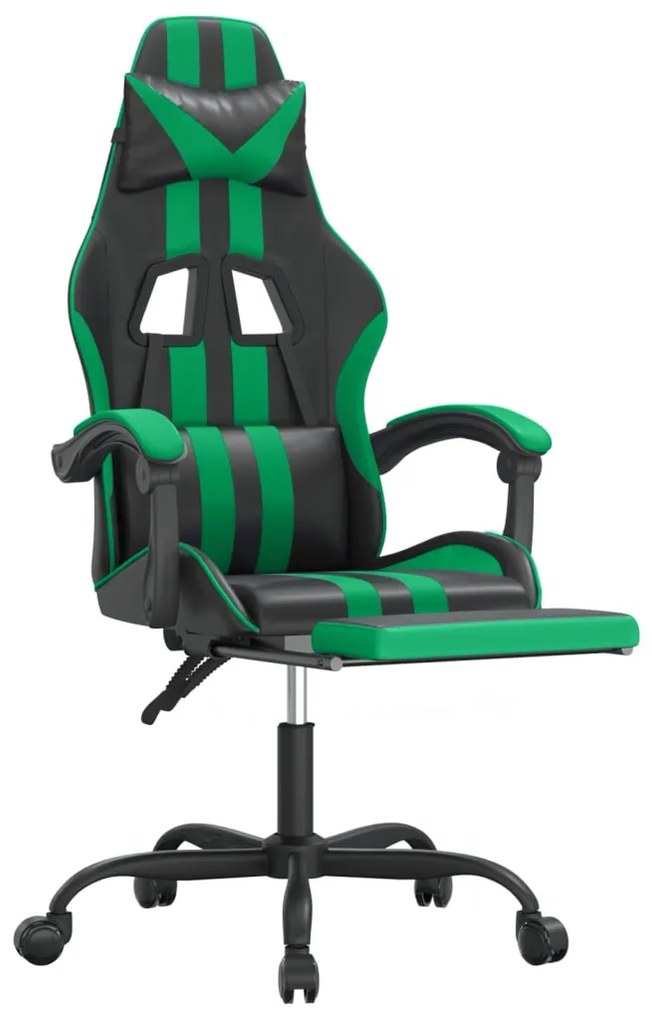 Scaun de gaming cu suport picioare negru verde, piele ecologica