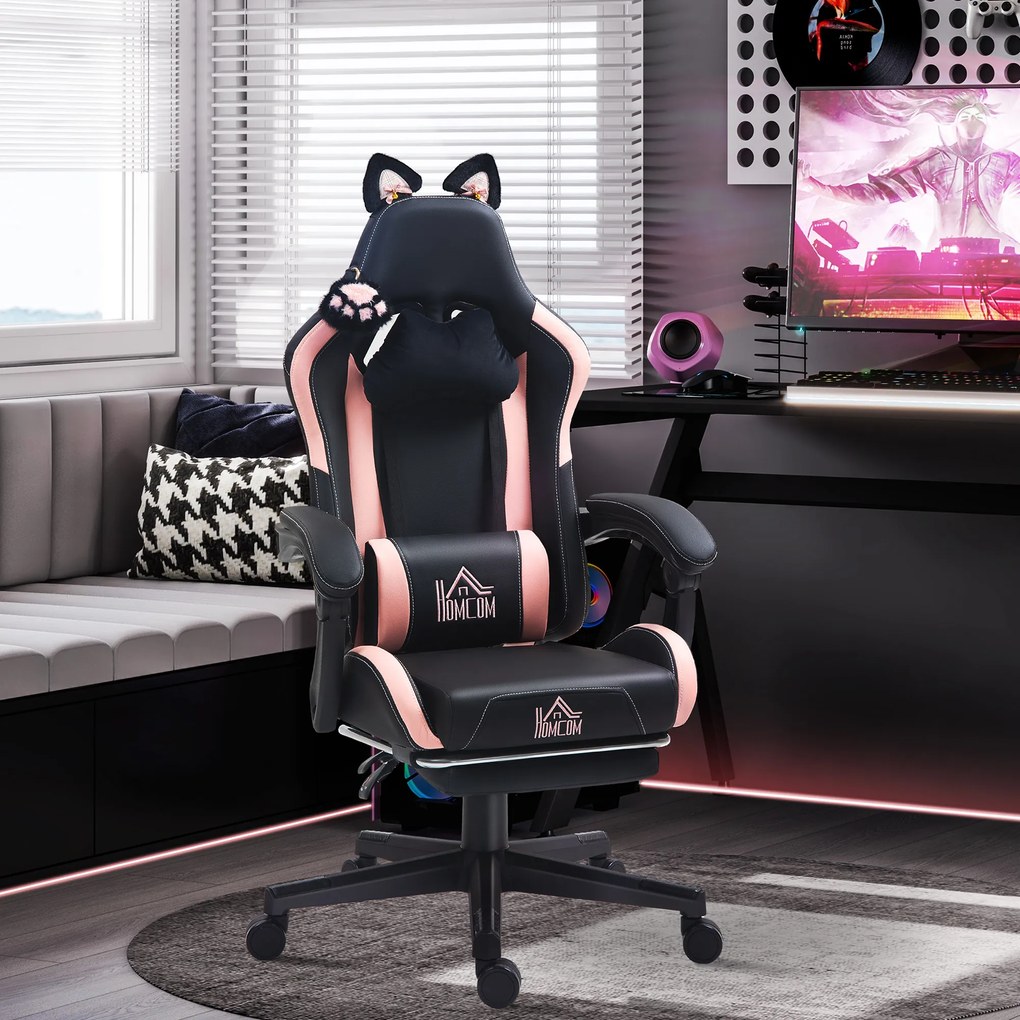 HOMCOM Scaun Gaming Ergonomic cu Urechi de Pisica, Roz | Aosom Romania