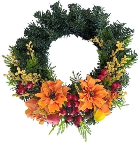 Coroniță artificială cu Dalia și măceșe,diametru 30 cm