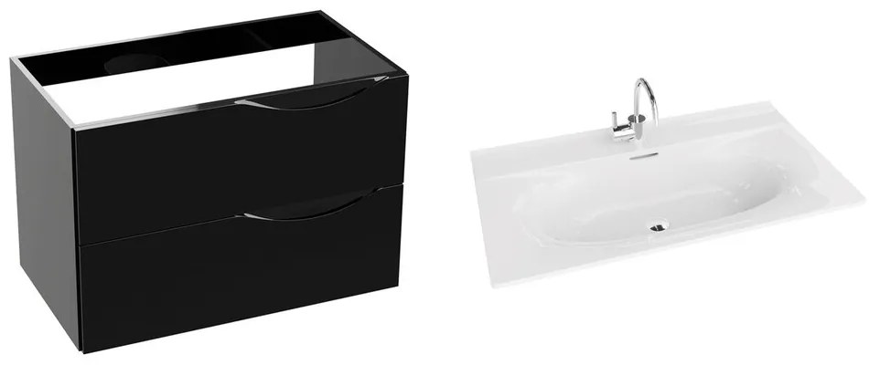 Set dulap baza suspendat Rune Asger 2 sertare 80 cm negru lucios si lavoar alb