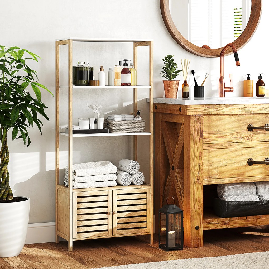 HOMCOM Mobilier Baie cu 3 Rafturi, mobilier de baie din Bambus, 63x30x138 cm, Alb | Aosom Romania