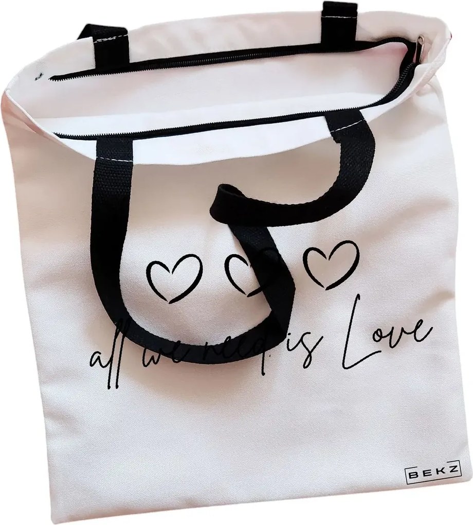 Sacosa de Panza pentru Cumparaturi, Geanta Tote, model All we nee is Love, Cu fermoar, 38x34.5 cm, Alba, BEKZ®